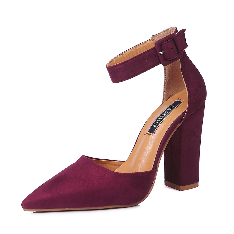 2026 Spring/Summer New African American European Fashion Large Size Thick Heel High Heel Pointed Toe Buckled Hollow Single Sandal Women Popular Shallow Buckle Design Element