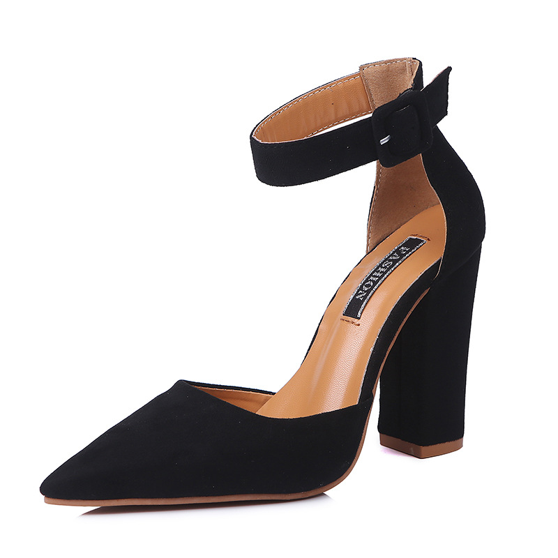 2026 Spring/Summer New African American European Fashion Large Size Thick Heel High Heel Pointed Toe Buckled Hollow Single Sandal Women Popular Shallow Buckle Design Element