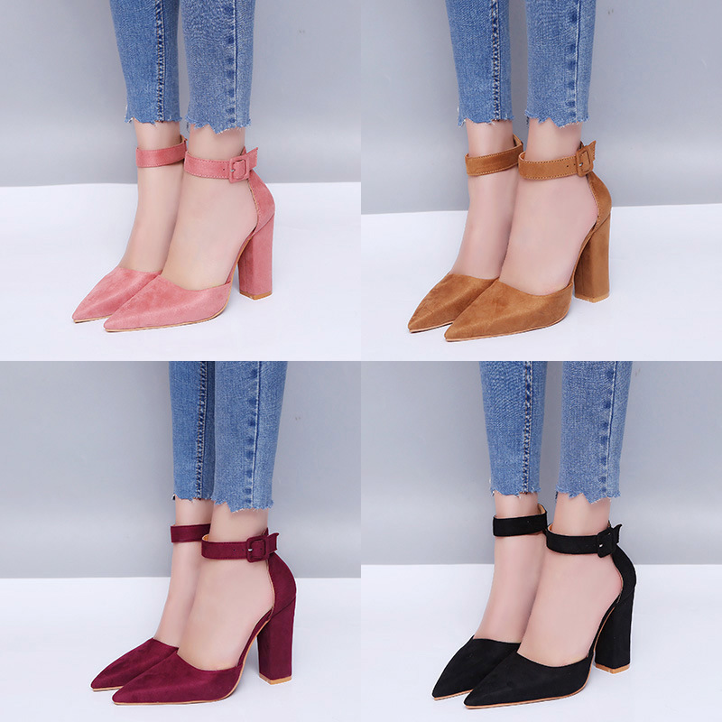 2026 Spring/Summer New African American European Fashion Large Size Thick Heel High Heel Pointed Toe Buckled Hollow Single Sandal Women Popular Shallow Buckle Design Element