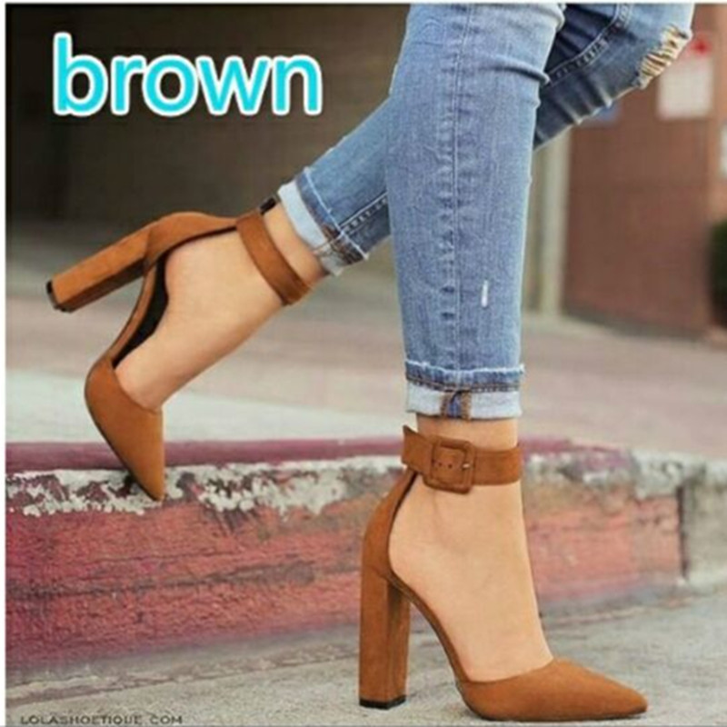 2026 Spring/Summer New African American European Fashion Large Size Thick Heel High Heel Pointed Toe Buckled Hollow Single Sandal Women Popular Shallow Buckle Design Element