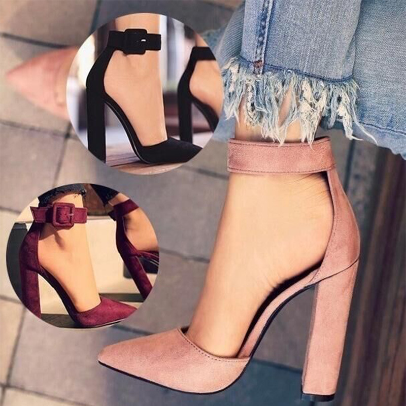 2026 Spring/Summer New African American European Fashion Large Size Thick Heel High Heel Pointed Toe Buckled Hollow Single Sandal Women Popular Shallow Buckle Design Element