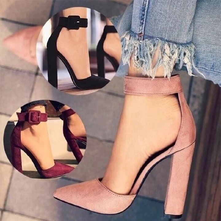 2026 Spring/Summer New African American European Fashion Large Size Thick Heel High Heel Pointed Toe Buckled Hollow Single Sandal Women Popular Shallow Buckle Design Element