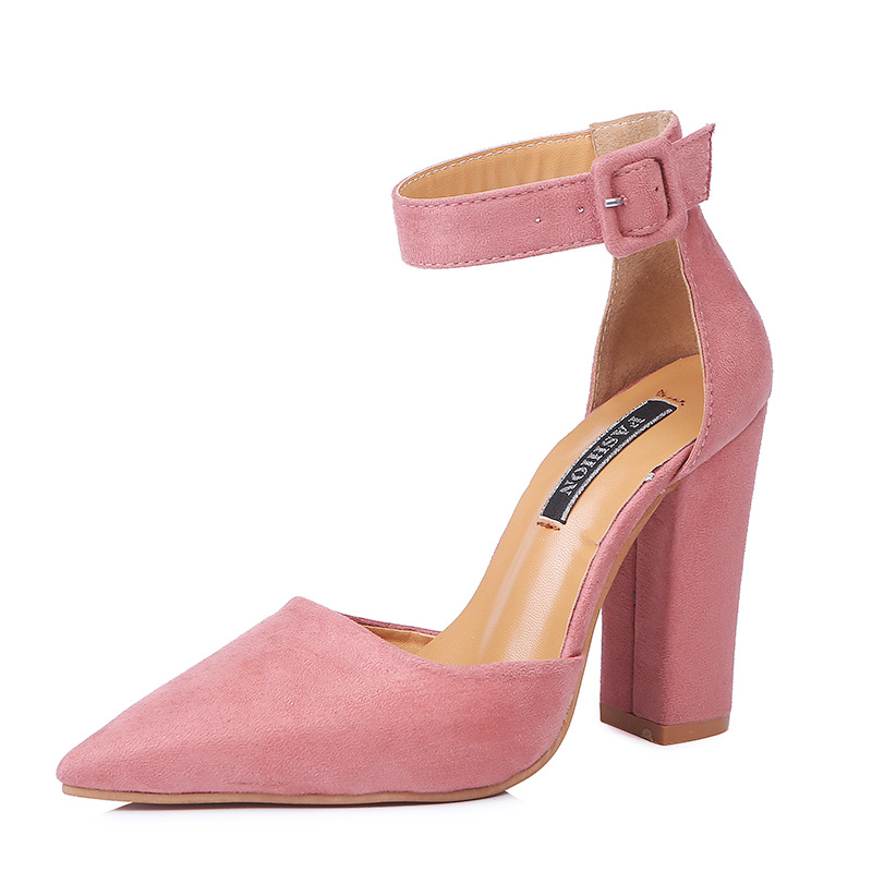 2026 Spring/Summer New African American European Fashion Large Size Thick Heel High Heel Pointed Toe Buckled Hollow Single Sandal Women Popular Shallow Buckle Design Element