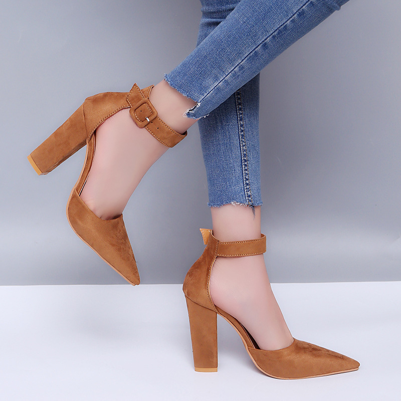 2026 Spring/Summer New African American European Fashion Large Size Thick Heel High Heel Pointed Toe Buckled Hollow Single Sandal Women Popular Shallow Buckle Design Element