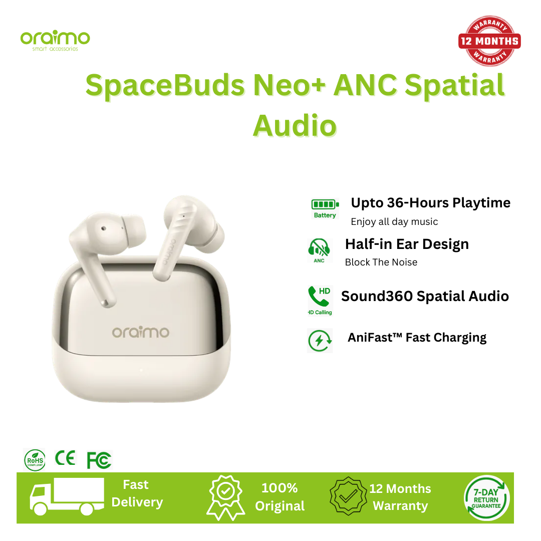 Oraimo SpaceBuds Neo+ ANC Spatial Audio True Wireless Earphones Elegant Metallic Design Sound360 Spatial Audio 30-Hour Long Playtime 2-Mic Call Noise Cancellation Low-Latency Earbuds