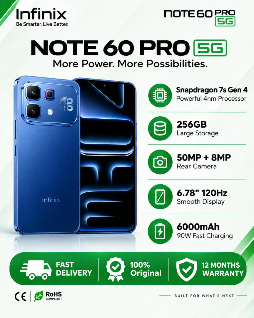 Infinix Note 60 Pro 5G Phone Snapdragon 7s Gen 4 6.78" AMOLED 6000mAh 50MP AI Cam 8GB+8GB RAM 256GB ROM 90W Wired 30W Wireless Charge