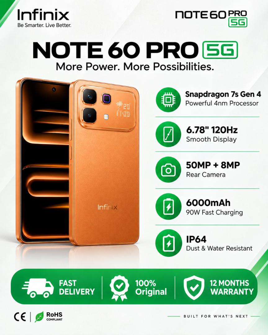 Infinix Note 60 Pro 5G Phone Snapdragon 7s Gen 4 6.78" AMOLED 6000mAh 50MP AI Cam 8GB+8GB RAM 256GB ROM 90W Wired 30W Wireless Charge