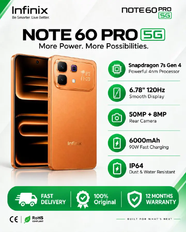 Infinix Note 60 Pro 5G Phone Snapdragon 7s Gen 4 6.78" AMOLED 6000mAh 50MP AI Cam 8GB+8GB RAM 256GB ROM 90W Wired 30W Wireless Charge