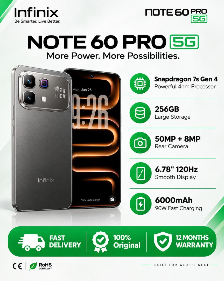 Infinix Note 60 Pro 5G Phone Snapdragon 7s Gen 4 6.78" AMOLED 6000mAh 50MP AI Cam 8GB+8GB RAM 256GB ROM 90W Wired 30W Wireless Charge