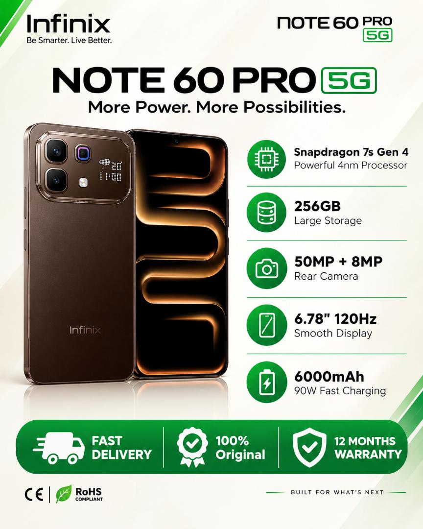 Infinix Note 60 Pro 5G Phone Snapdragon 7s Gen 4 6.78" AMOLED 6000mAh 50MP AI Cam 8GB+8GB RAM 256GB ROM 90W Wired 30W Wireless Charge