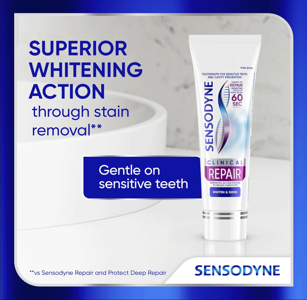 Sensodyne Clinical Repair Whiten & Shine Toothpaste for Sensitivity Relief, 3.4 oz