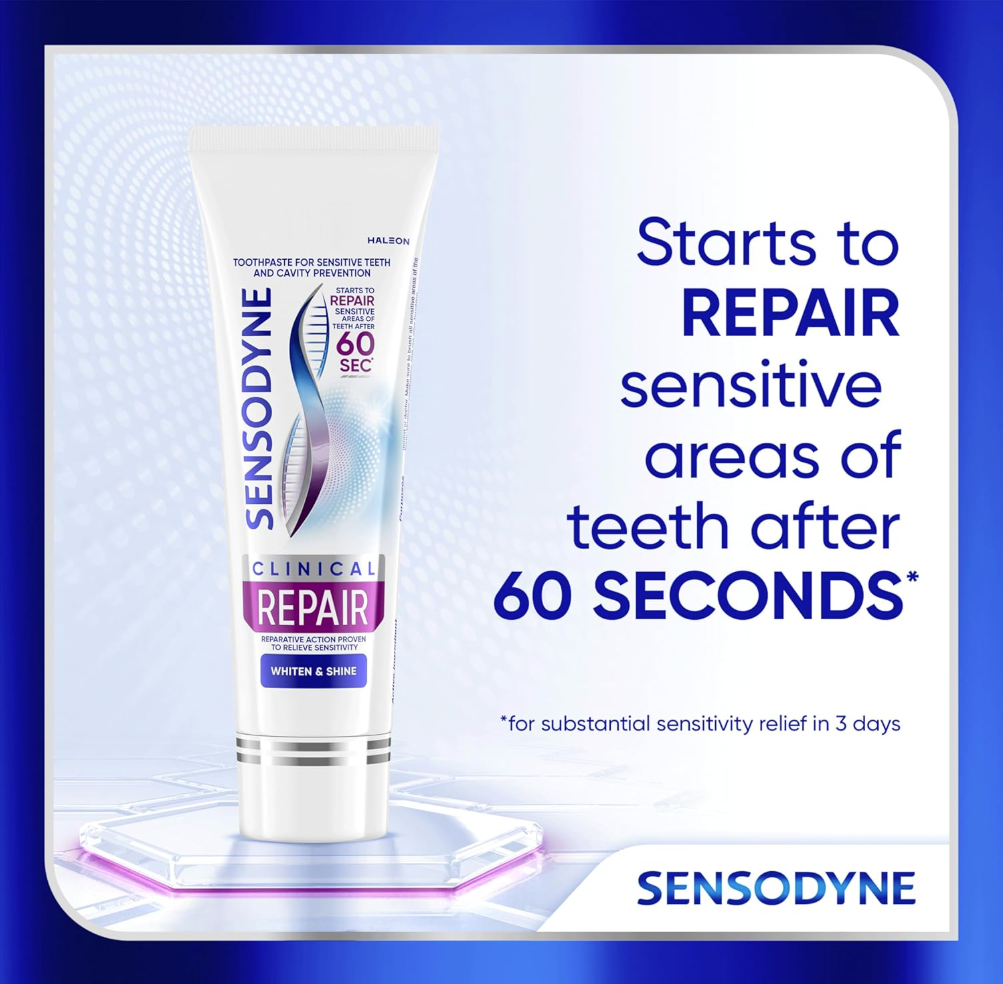 Sensodyne Clinical Repair Whiten & Shine Toothpaste for Sensitivity Relief, 3.4 oz