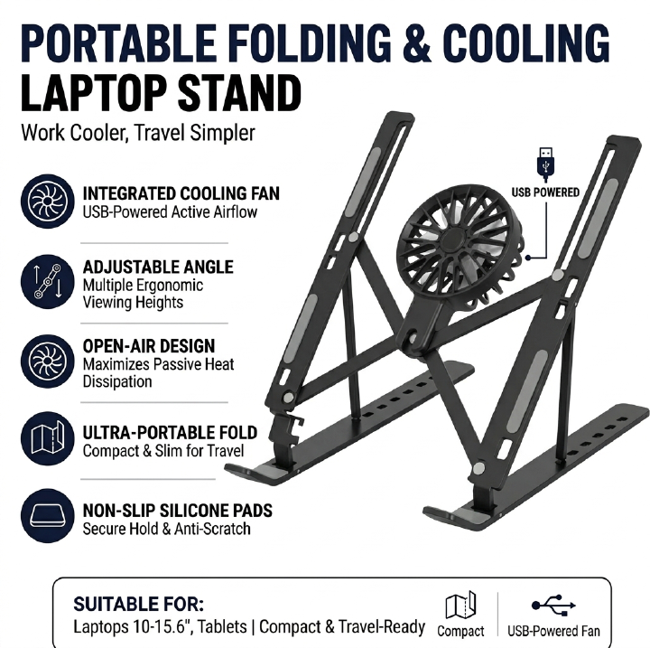 Foldable Laptop Stand with Cooling Fan — Adjustable Height & Angle Aluminum Alloy Laptop Riser, Portable Ergonomic Notebook Holder with Detachable Fan for Laptop, Tablet, MacBook