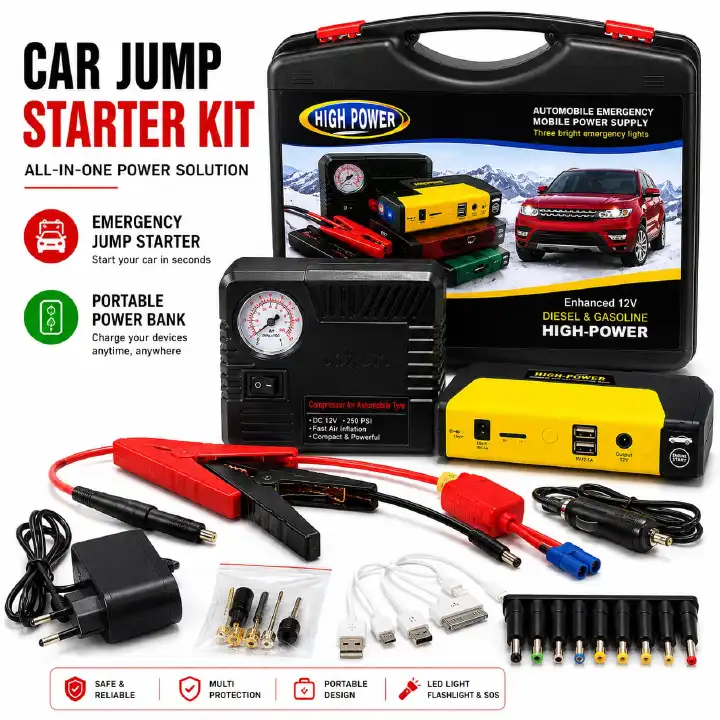 Portable Car Jump Starter Kit with Air Compressor – 12V Emergency Battery Booster, Tire Inflator & Power Bank Multi-Function Car Tool