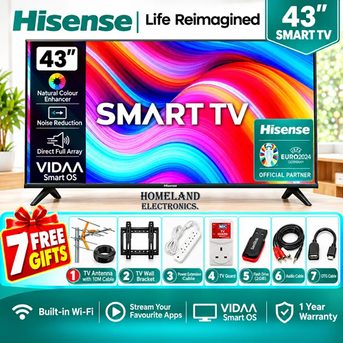 HISENSE 43" INCH SMART TV SMART DIGITAL TELEVISION FULL HD RESOLUTION 43A4 SERIES NETFLIX YOUTUBE TV DTS INBUILT DECODER WIFI VIDAA OS NATURAL COLOR ENHANCER 1 YEAR WARRANTY.