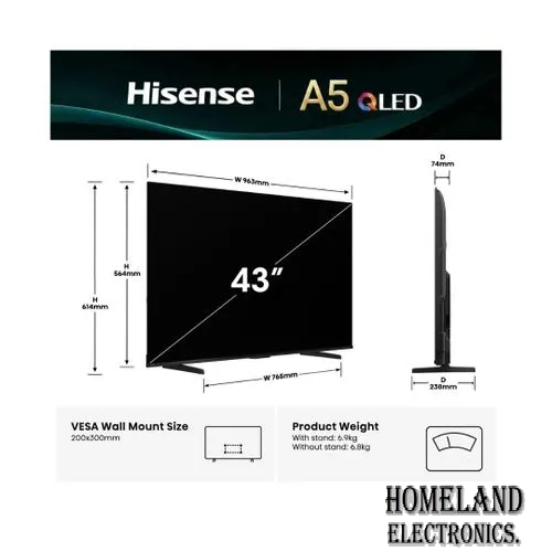 HISENSE 43" INCH SMART TV SMART DIGITAL TELEVISION FULL HD RESOLUTION 43A4 SERIES NETFLIX YOUTUBE TV DTS INBUILT DECODER WIFI VIDAA OS NATURAL COLOR ENHANCER 1 YEAR WARRANTY.