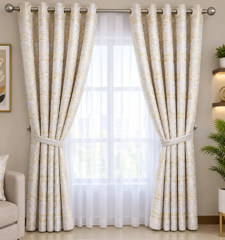 2PCS Cream Gold Pattern Blackout Curtain Set with Sheer – Window & Door Curtains, Elegant Home Décor, Curtain Rod Ready