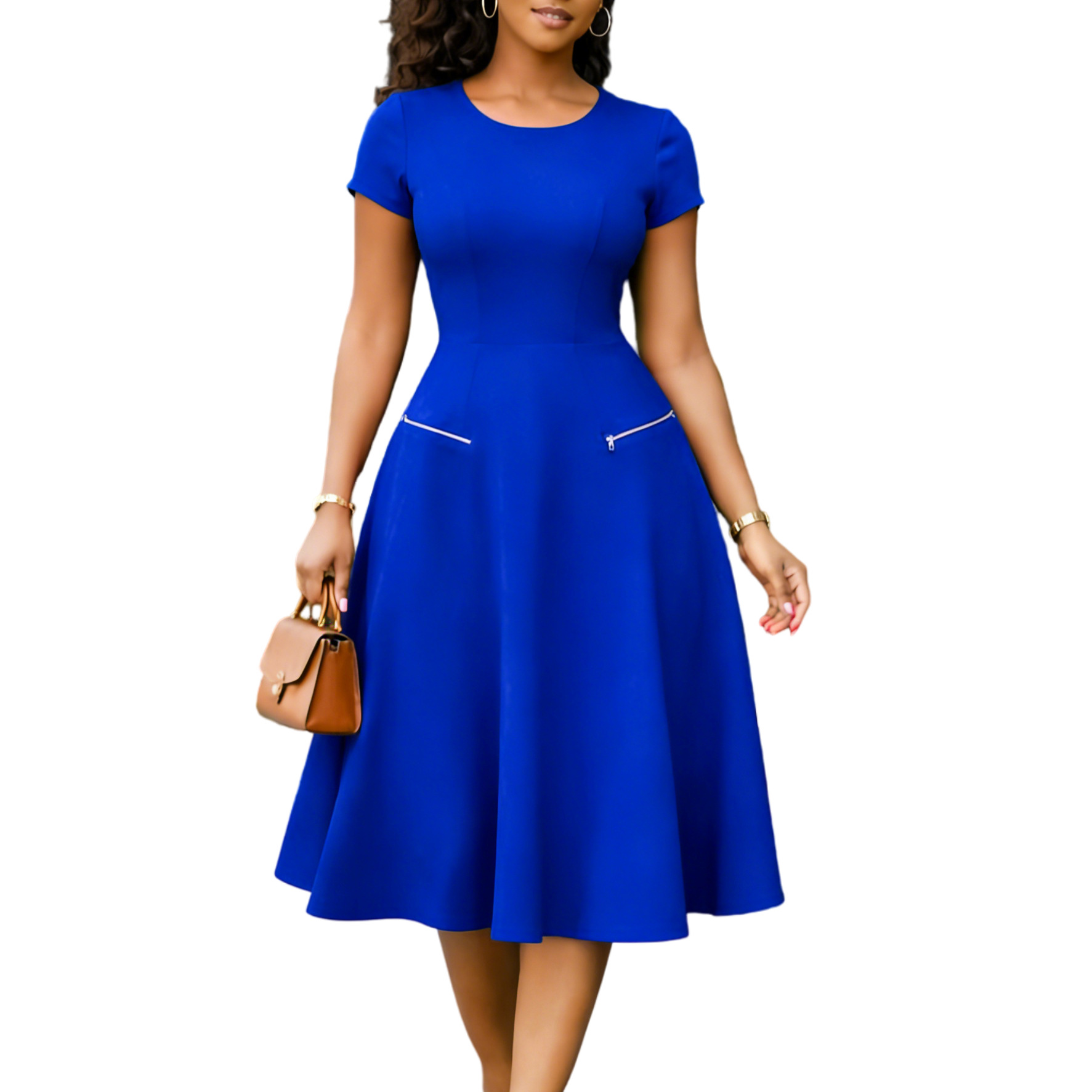 New Product Selection D619 Amazon Foreign Trade 2026 New Women's Clothing Style Simple and Elegant Round Neck Waist slimming Solid Color Dress
