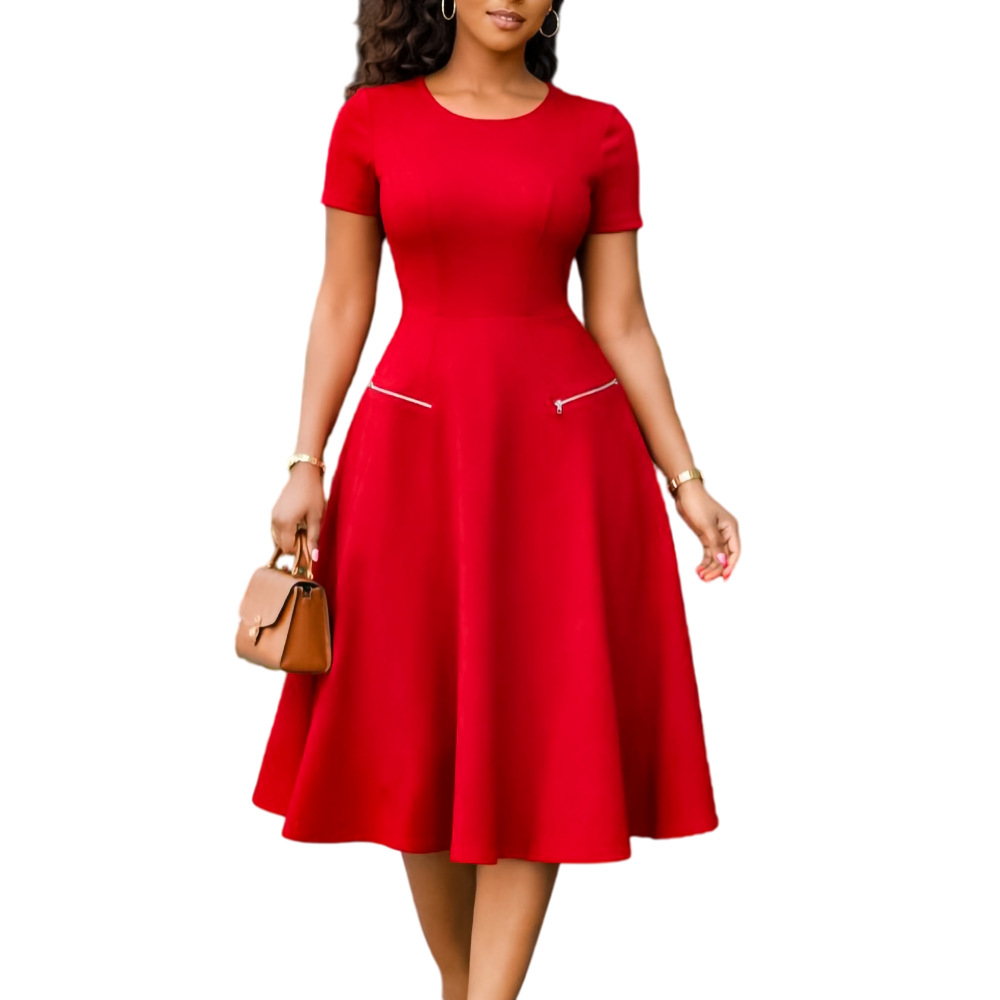 New Product Selection D619 Amazon Foreign Trade 2026 New Women's Clothing Style Simple and Elegant Round Neck Waist slimming Solid Color Dress