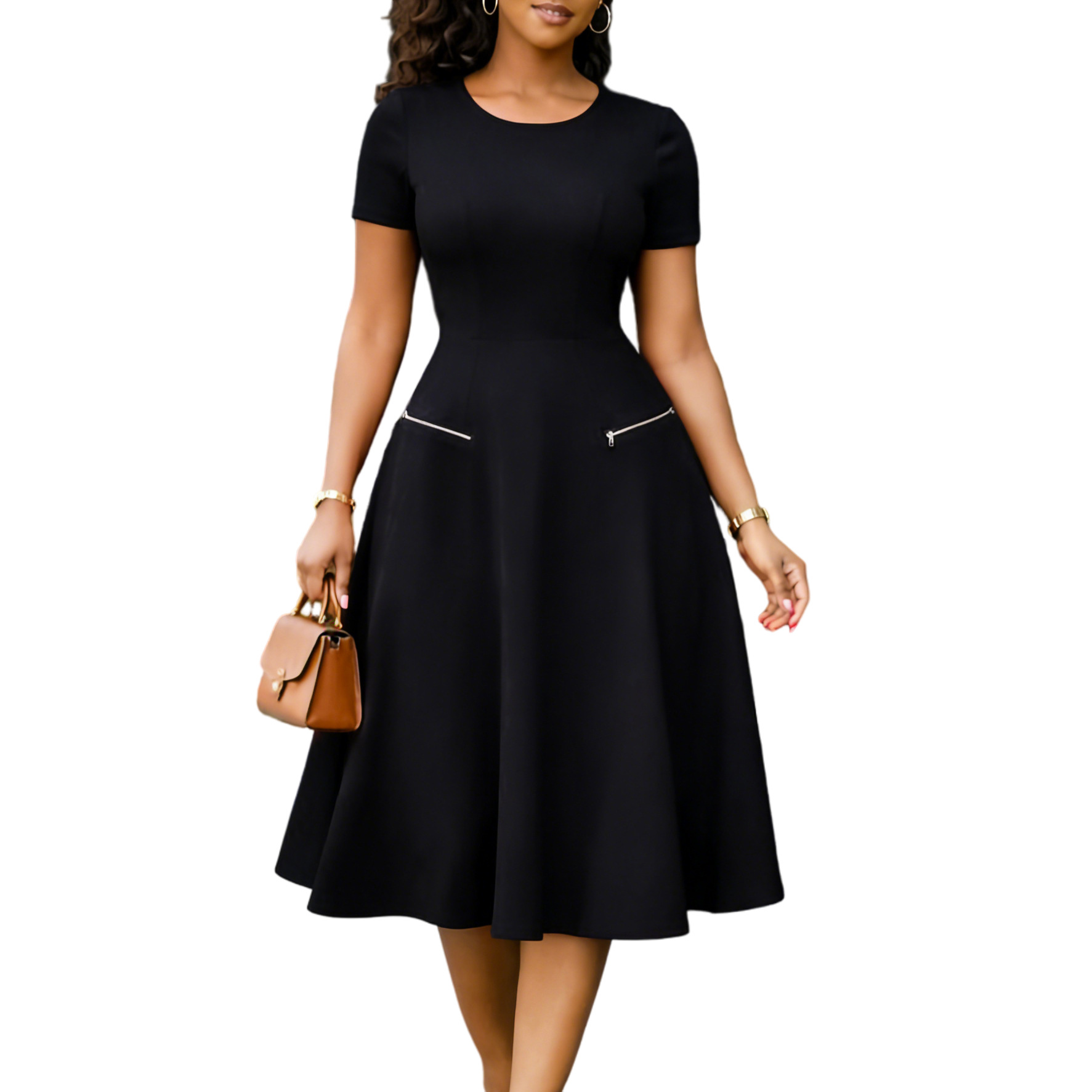 New Product Selection D619 Amazon Foreign Trade 2026 New Women's Clothing Style Simple and Elegant Round Neck Waist slimming Solid Color Dress
