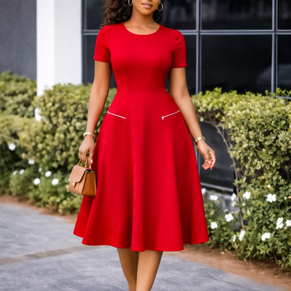 New Product Selection D619 Amazon Foreign Trade 2026 New Women's Clothing Style Simple and Elegant Round Neck Waist slimming Solid Color Dress