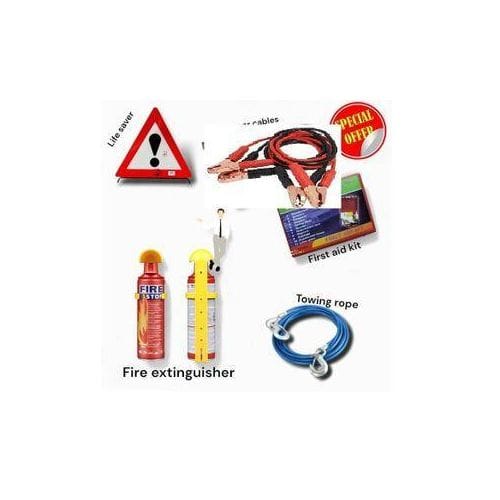 5 In 1 Emergency Car Safety Kit with Jumper Cables First Aid Kit Fire Extinguisher Warning Triangle and Towing Rope