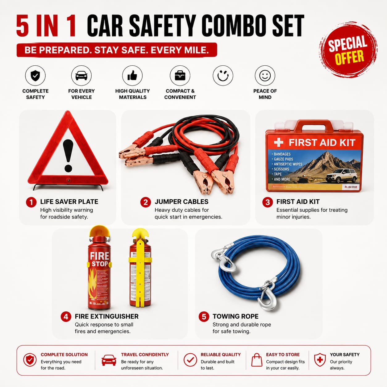 5 In 1 Emergency Car Safety Kit with Jumper Cables First Aid Kit Fire Extinguisher Warning Triangle and Towing Rope
