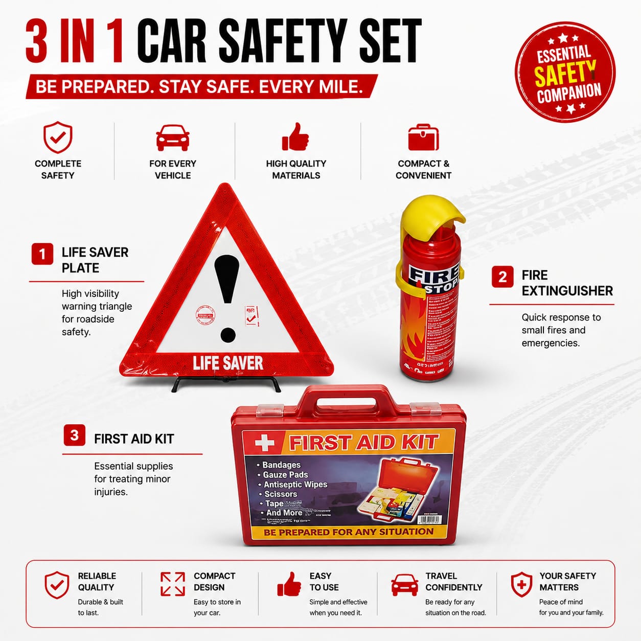 3 In 1 Emergency Car Safety Kit with Warning Triangle Fire Extinguisher and First Aid Kit Roadside Emergency Set