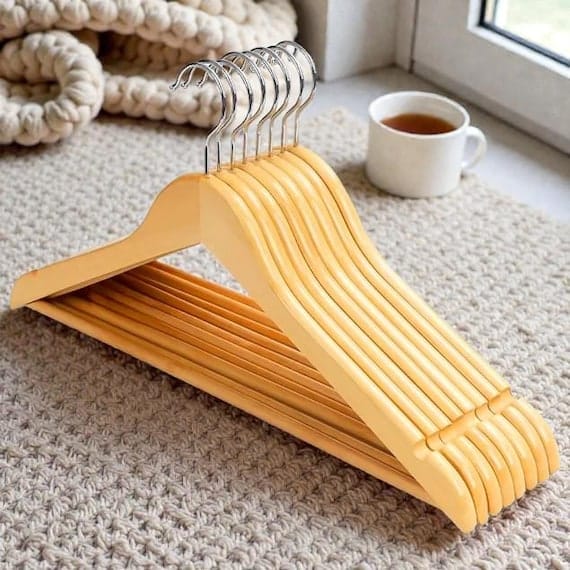 Light Brown Wooden Clothes Hangers Heavy Duty Non-Slip Coat Suit Shirt Dress Hangers for Wardrobe Organization