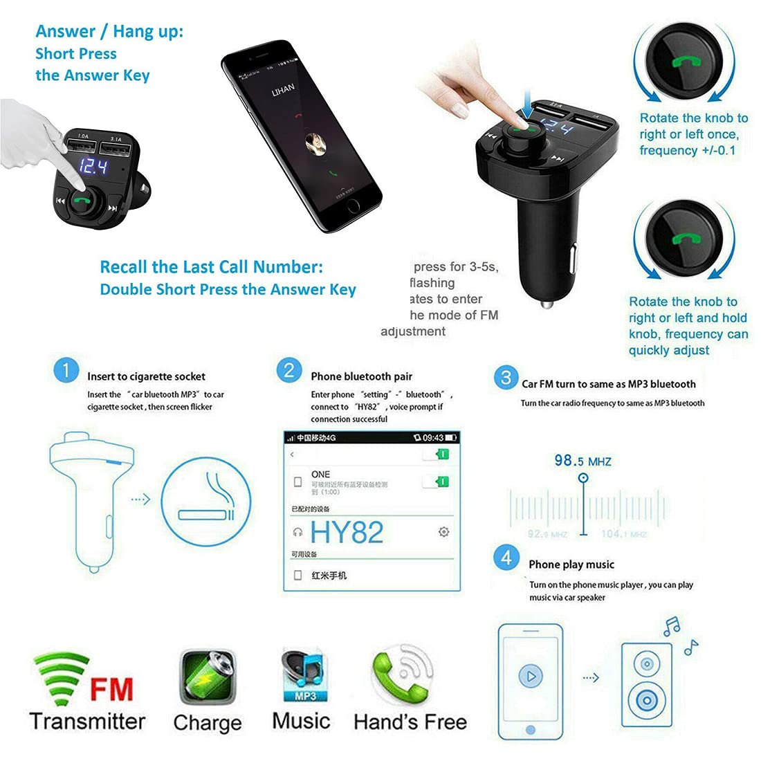 X8 Bluetooth FM Transmitter Wireless Car MP3 Player Dual USB Fast Charger Handsfree Car Modulator