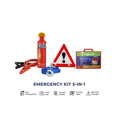5 In 1 Emergency Car Safety Kit with Jumper Cables First Aid Kit Fire Extinguisher Warning Triangle and Towing Rope