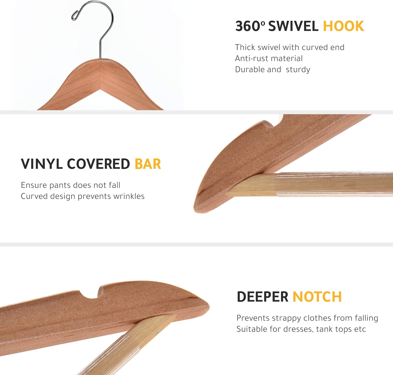Light Brown Wooden Clothes Hangers Heavy Duty Non-Slip Coat Suit Shirt Dress Hangers for Wardrobe Organization