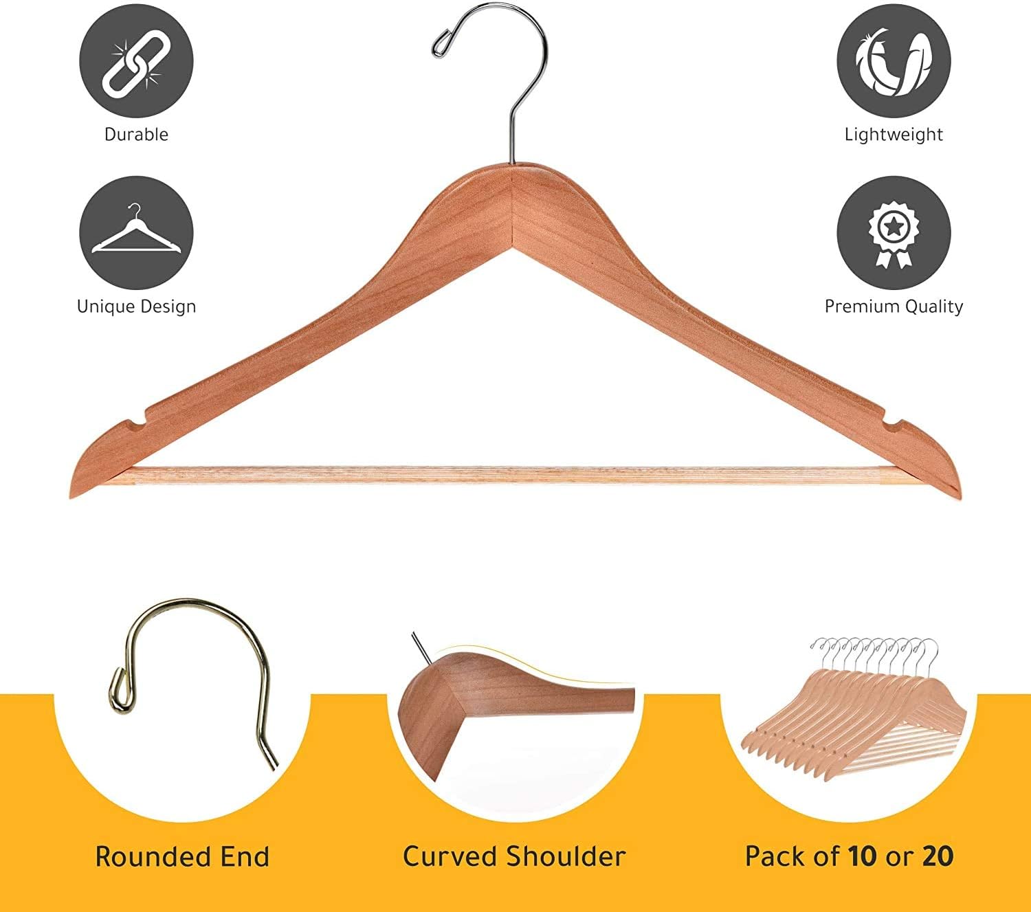 Light Brown Wooden Clothes Hangers Heavy Duty Non-Slip Coat Suit Shirt Dress Hangers for Wardrobe Organization