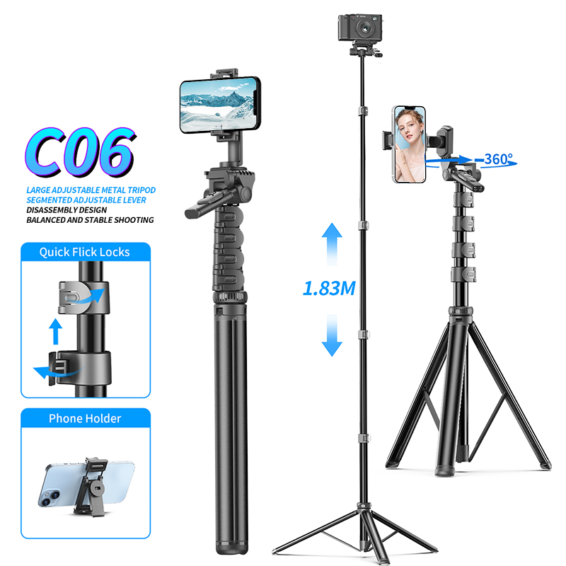 C06 1.8m Selfie Stick with Wireless Remote Control360° Rotating Shooting Action Camera Vlogging Kit Landing Tripod
