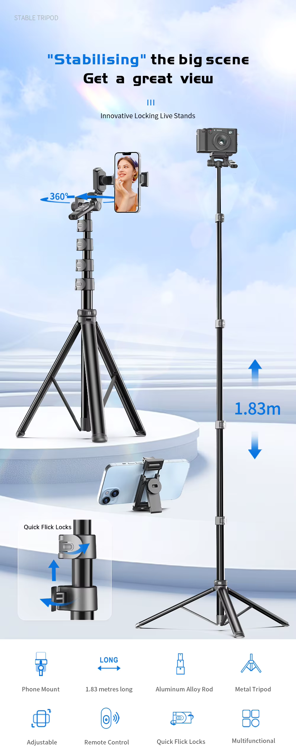 C06 1.8m Selfie Stick with Wireless Remote Control360° Rotating Shooting Action Camera Vlogging Kit Landing Tripod