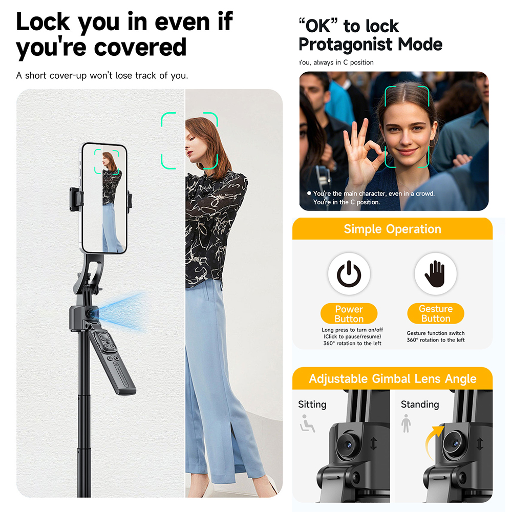 C17 AI Face Tracking Gesture Control Camera Tripod 360° Adjustable Detachable Quadrupod Selfie Stick for TikTok Streaming