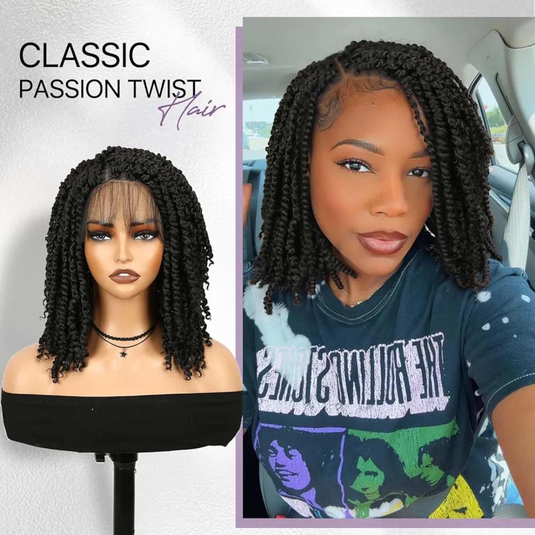 4 by 4 closure Braided Wig Lightweight Short Passion Twist Wig with Baby Hair for Black Women (Natural Black)
as the picture