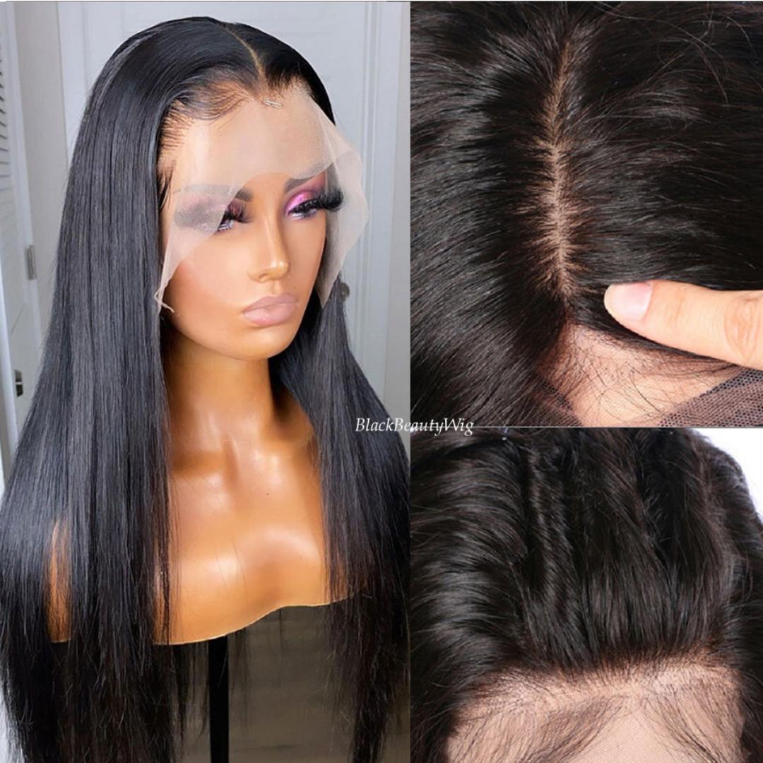 frontal 13*4*2 Glueless  Lace Frontal  human blend semi human Wigs 24Inches Long Straight Black Wigs for Black Women 13x4x1 Lace Hand Tied Pre Plucked Hairline with free GIFT