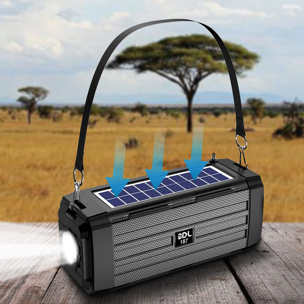 Solar Powered Bluetooth Speaker Portable Subwoofer Wireless Speaker With 100M Remote Flashlight Radio Retractable Antenna Physical Button Detachable Strap Support TF Card USB AUX Play TWS Surroun SS02