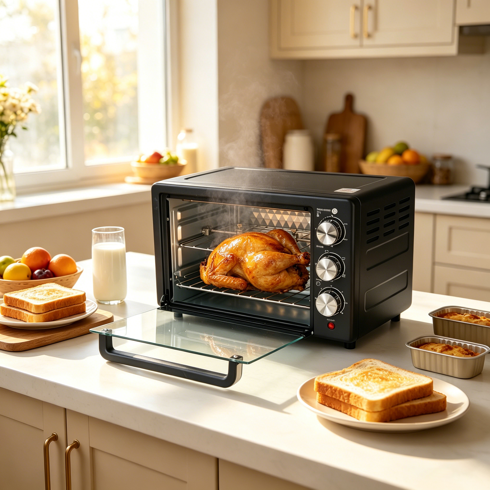 EM 20 Litres Electric Rotisserie Oven – 3 Knob Multi-Function Toaster Oven, Built-in rotisserie function for perfectly roasted chicken, Adjustable temperature control for different recipes EO01 20L