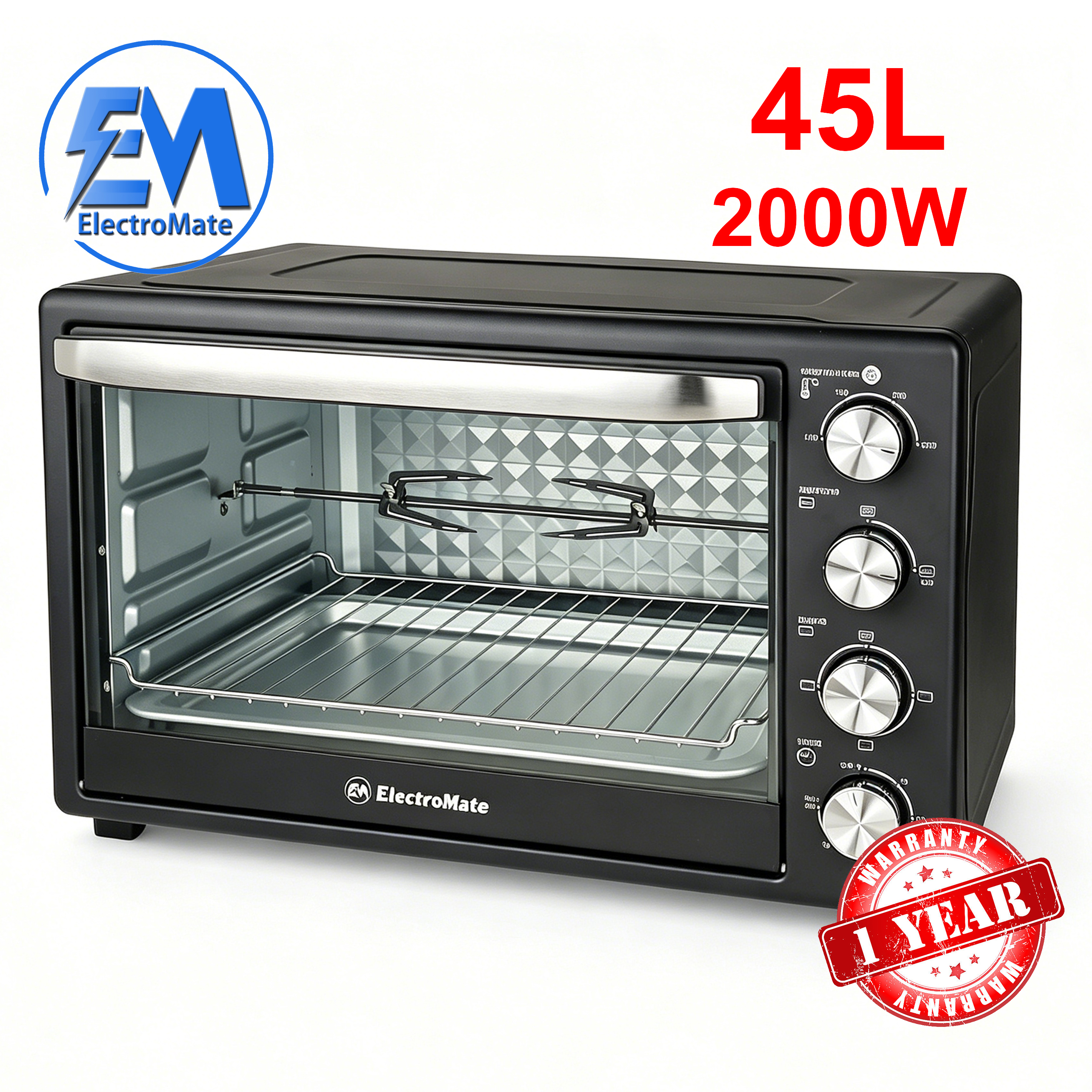 EM 45 Litres Electric Rotisserie Oven – 4 Knob Multi-Function Toaster Oven, Built-in rotisserie function for perfectly roasted chicken, Adjustable temperature control for different recipes EO02 45L