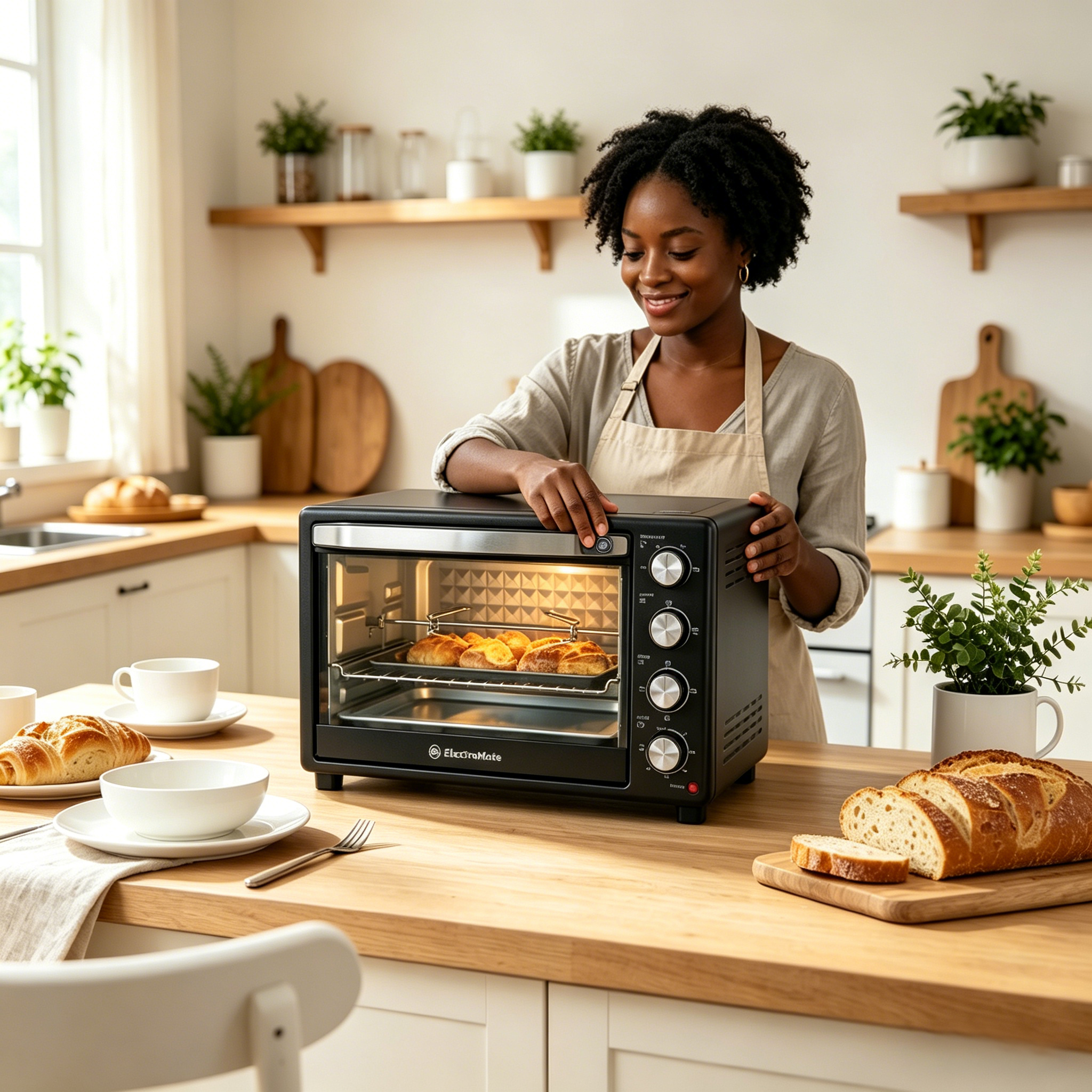 EM 45 Litres Electric Rotisserie Oven – 4 Knob Multi-Function Toaster Oven, Built-in rotisserie function for perfectly roasted chicken, Adjustable temperature control for different recipes EO02 45L