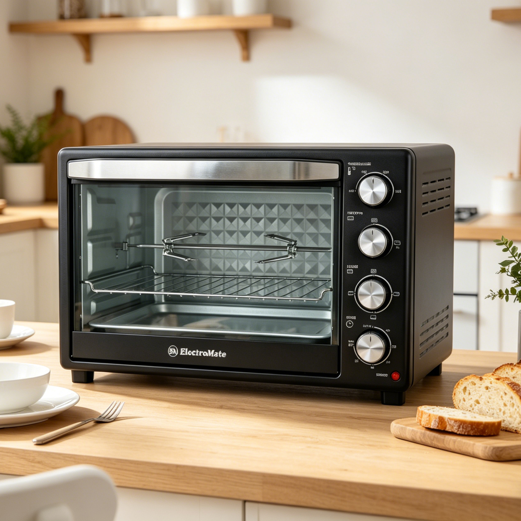 EM 45 Litres Electric Rotisserie Oven – 4 Knob Multi-Function Toaster Oven, Built-in rotisserie function for perfectly roasted chicken, Adjustable temperature control for different recipes EO02 45L