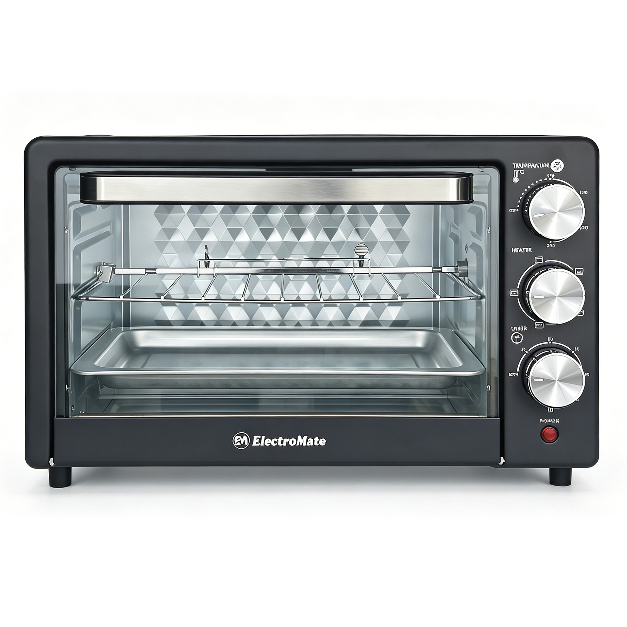 EM 20 Litres Electric Rotisserie Oven – 3 Knob Multi-Function Toaster Oven, Built-in rotisserie function for perfectly roasted chicken, Adjustable temperature control for different recipes EO01 20L