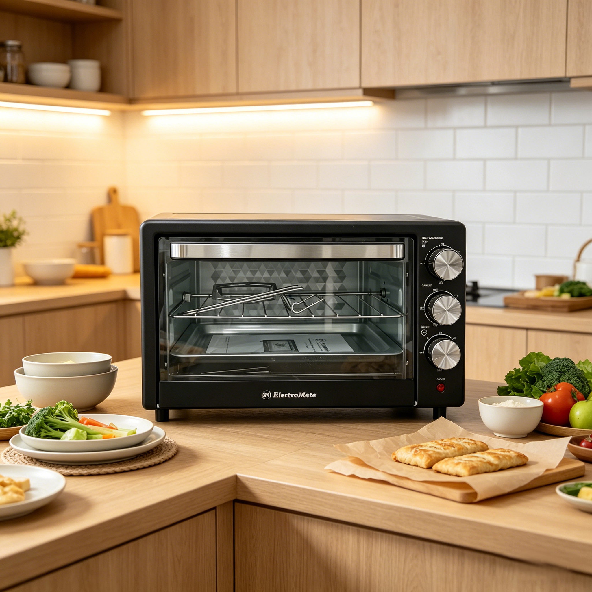 EM 20 Litres Electric Rotisserie Oven – 3 Knob Multi-Function Toaster Oven, Built-in rotisserie function for perfectly roasted chicken, Adjustable temperature control for different recipes EO01 20L