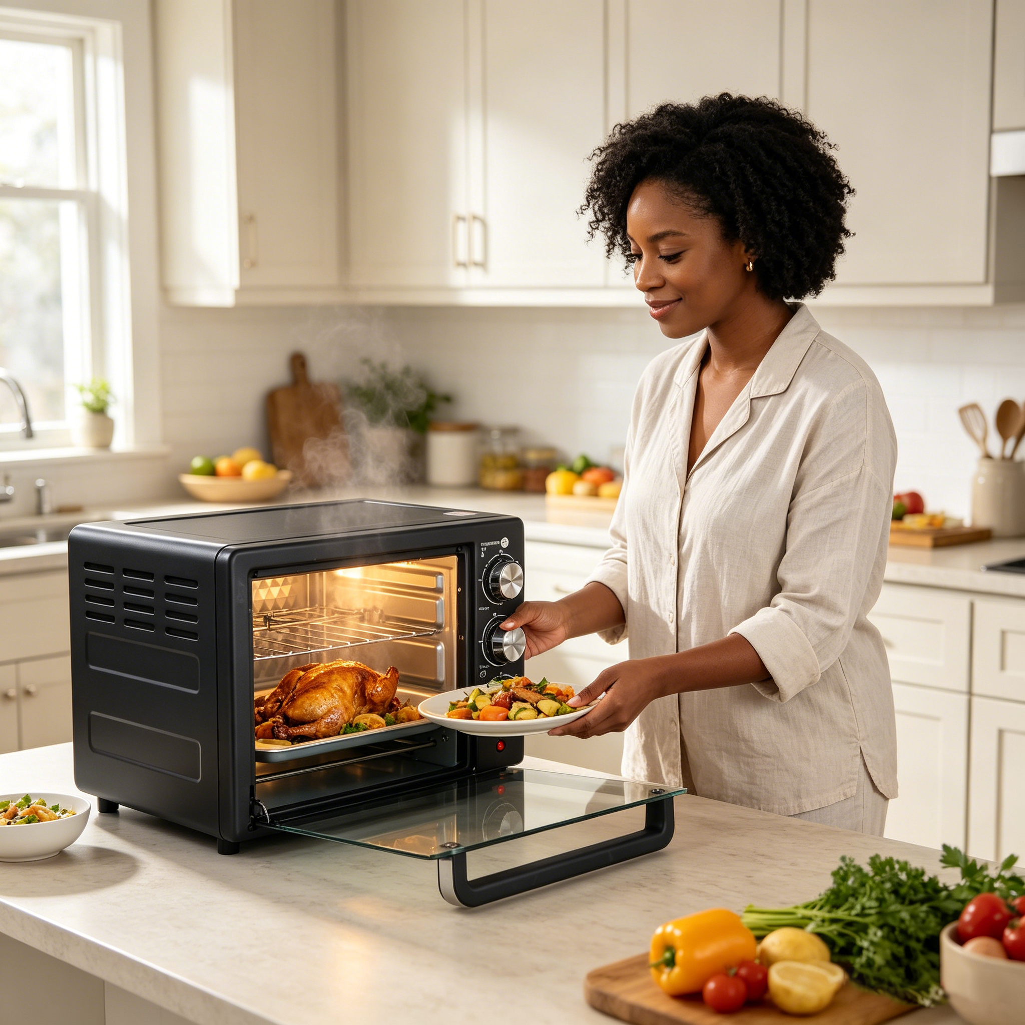 EM 20 Litres Electric Rotisserie Oven – 3 Knob Multi-Function Toaster Oven, Built-in rotisserie function for perfectly roasted chicken, Adjustable temperature control for different recipes EO01 20L