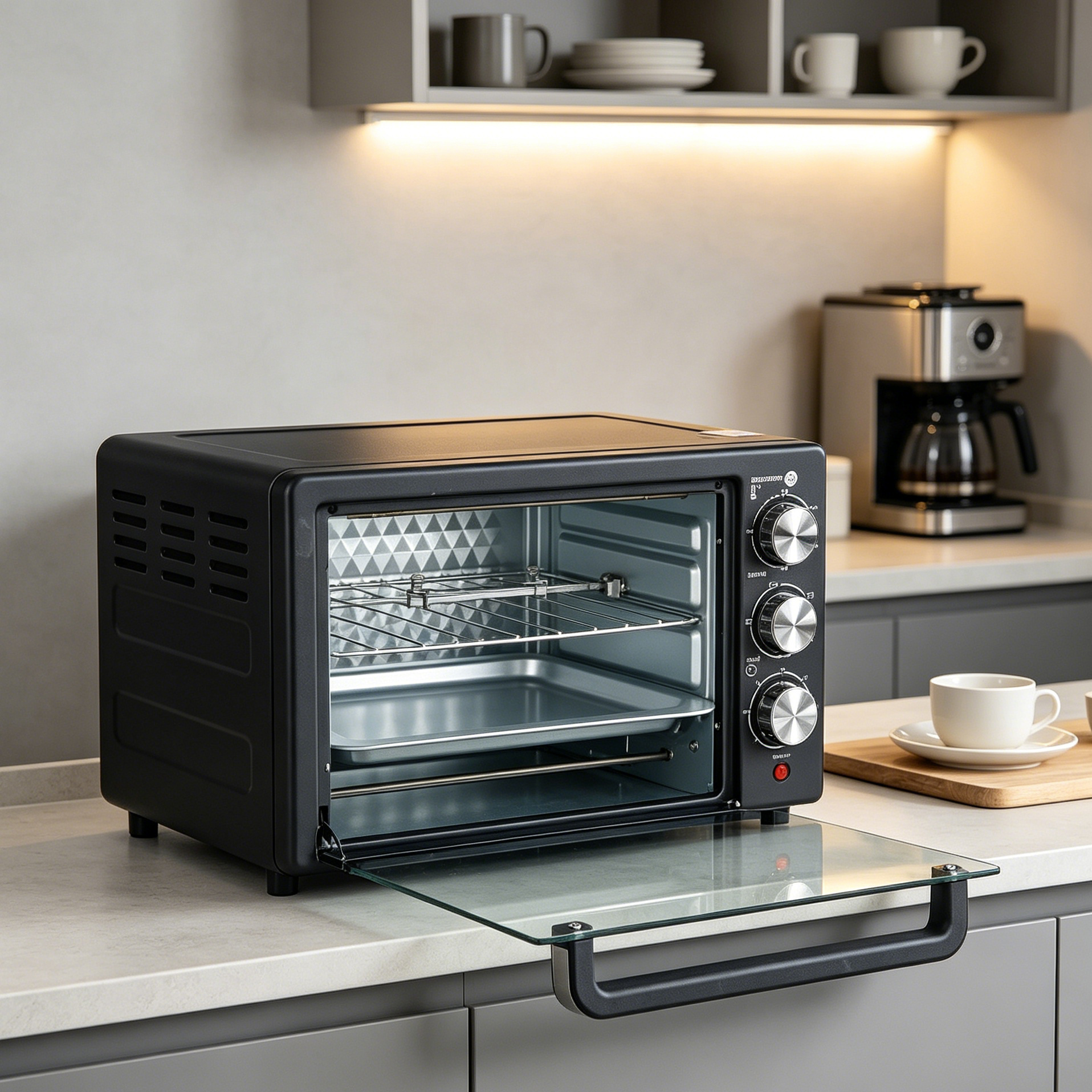 EM 20 Litres Electric Rotisserie Oven – 3 Knob Multi-Function Toaster Oven, Built-in rotisserie function for perfectly roasted chicken, Adjustable temperature control for different recipes EO01 20L