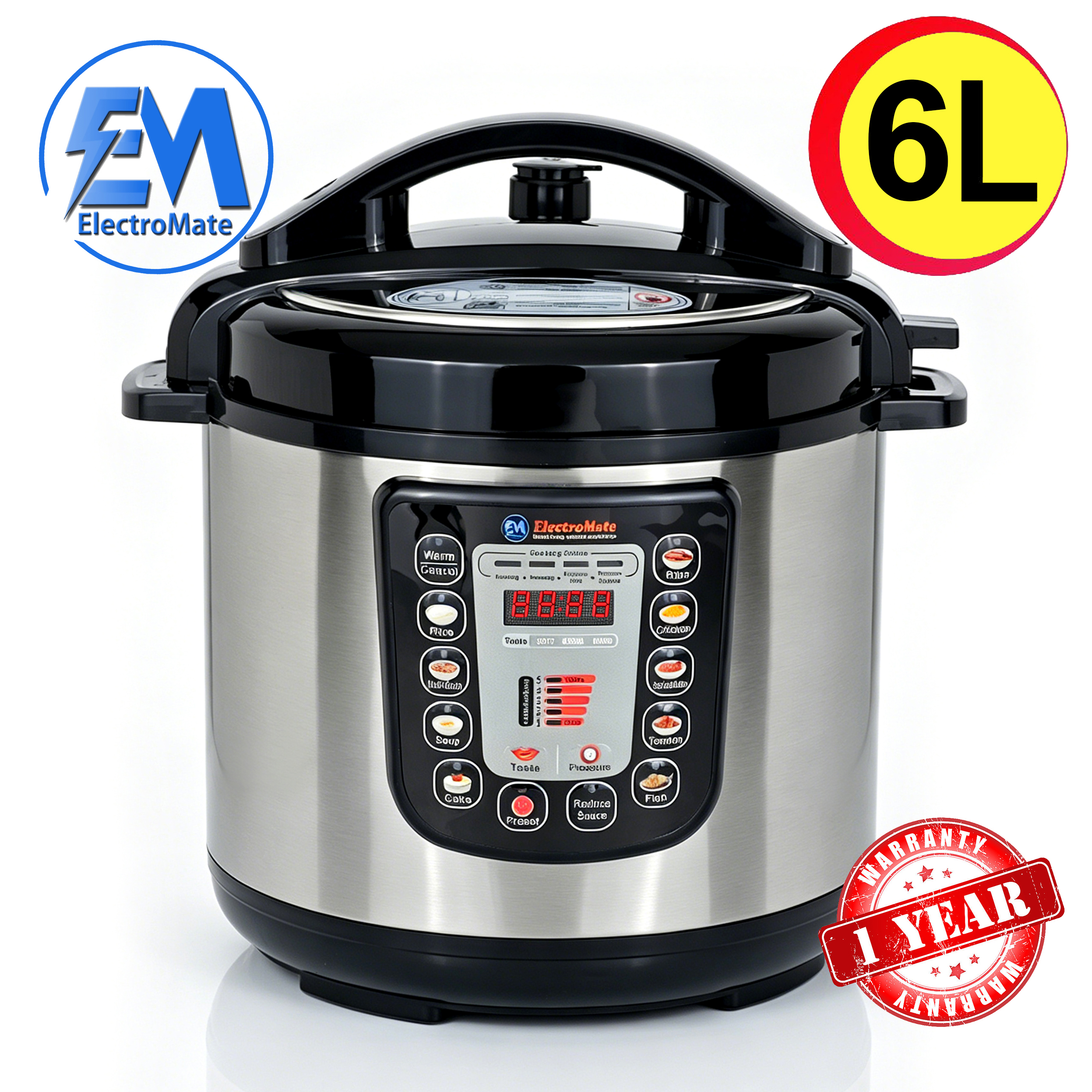 EM Electric Pressure Cooker 6 Litres, Non-Stick - 12 in 1 Multi-functional, Rice, Beans, Meat Cooker EPC02