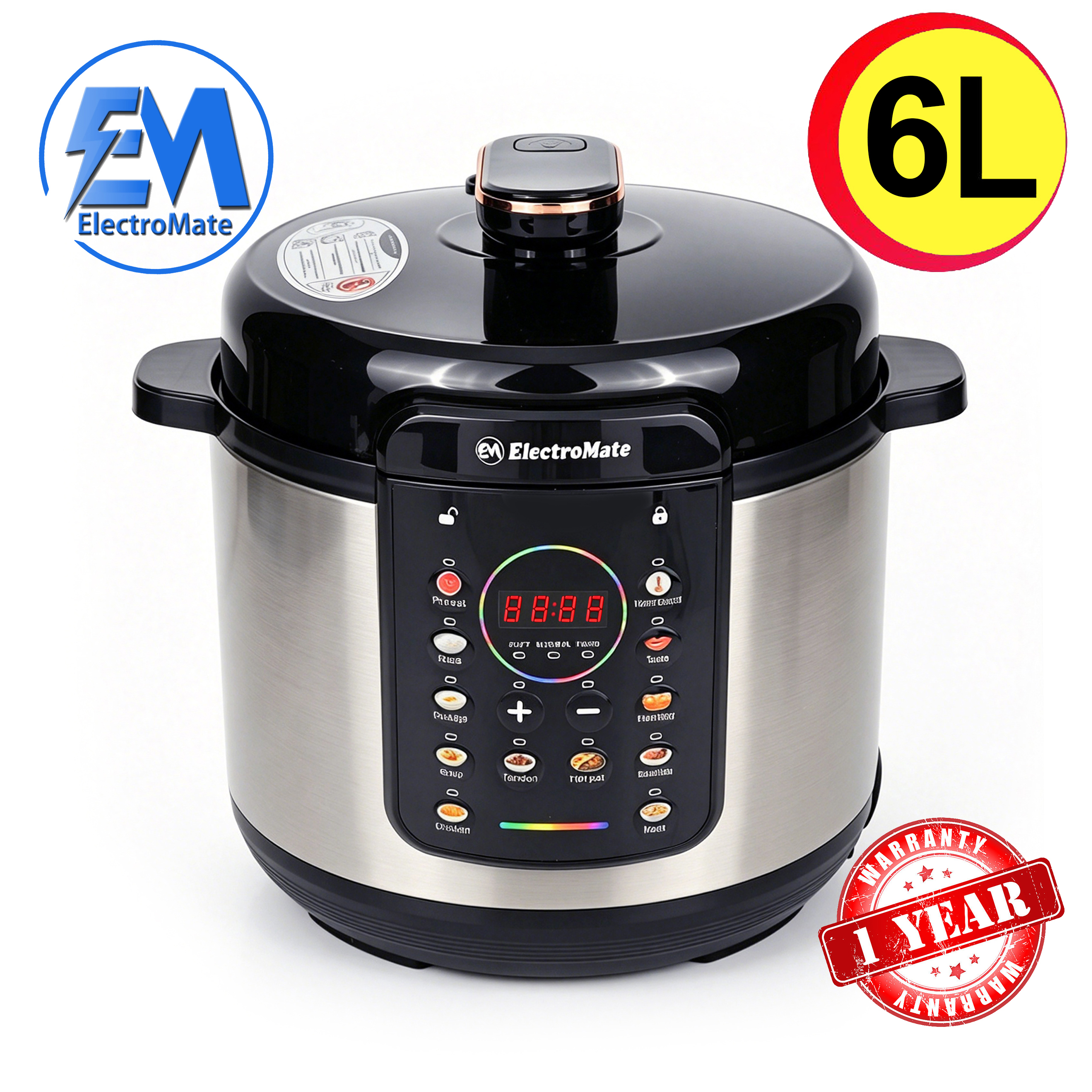 EM Electric Pressure Cooker 6 Litres, Non-Stick - 12 in 1 Multi-functional, Rice, Beans, Meat Cooker EPC03