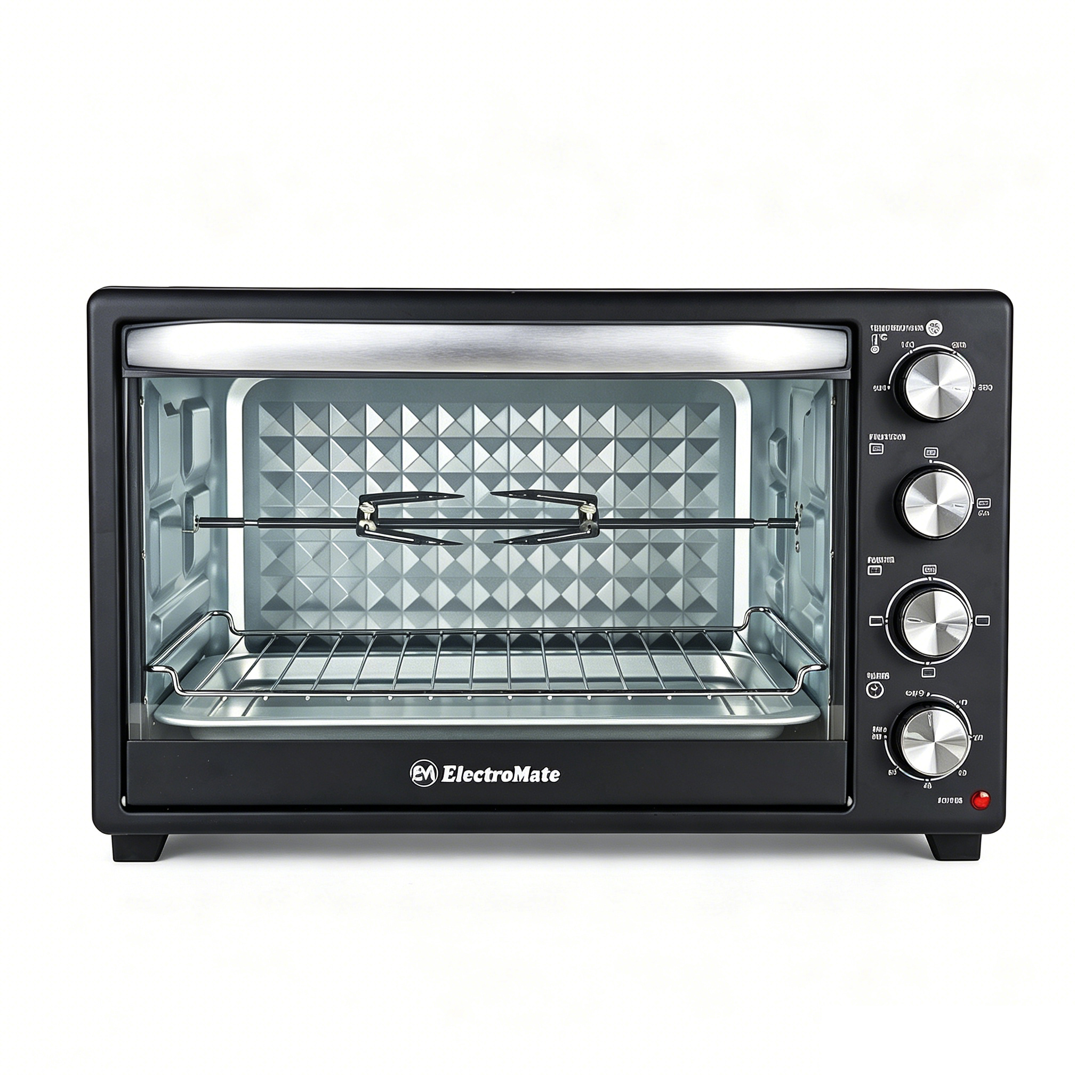 EM 45 Litres Electric Rotisserie Oven – 4 Knob Multi-Function Toaster Oven, Built-in rotisserie function for perfectly roasted chicken, Adjustable temperature control for different recipes EO02 45L